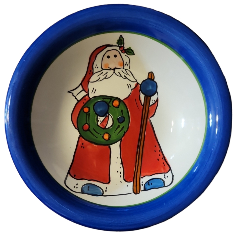 Vtg Bowl Libbey Christmas Santa  Wreath Blue Rim Walking Stick